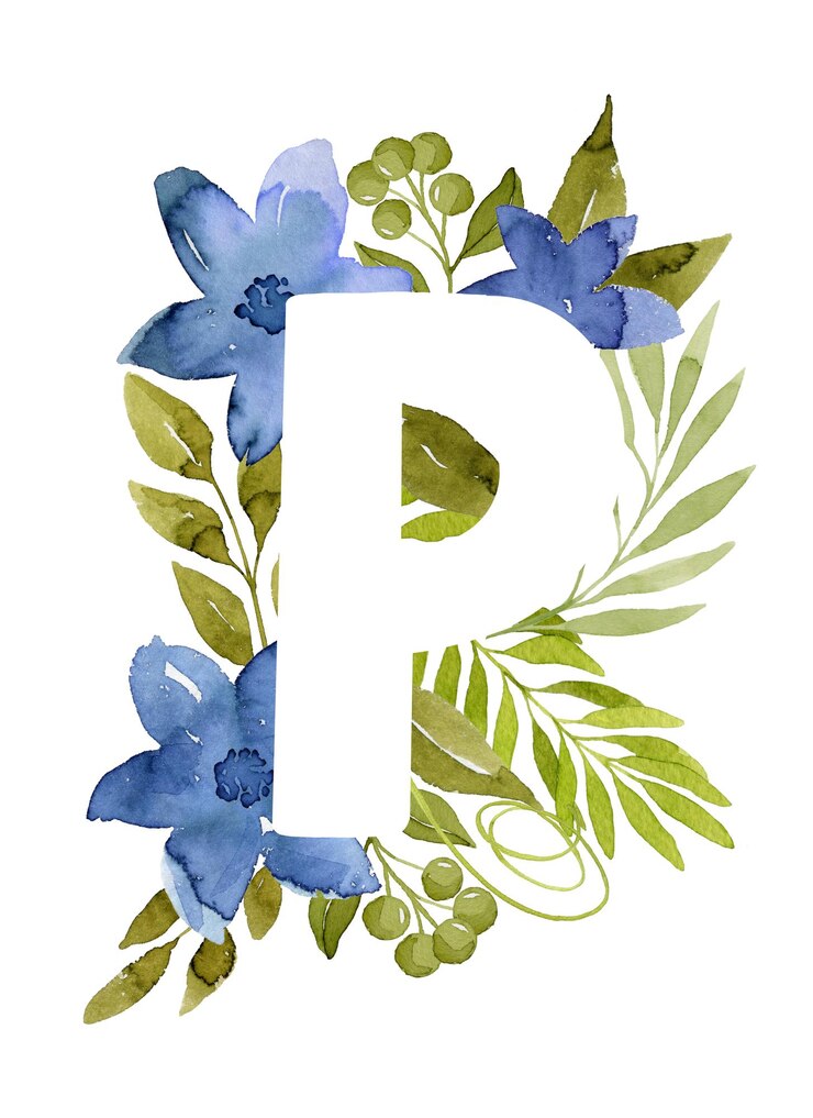 Foto letra floral p monograma azul acuarela flores hojas verdes y bayas letras florales