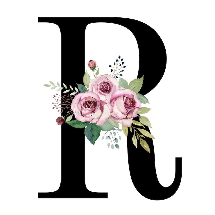Foto letra floral r com rosas em aquarela