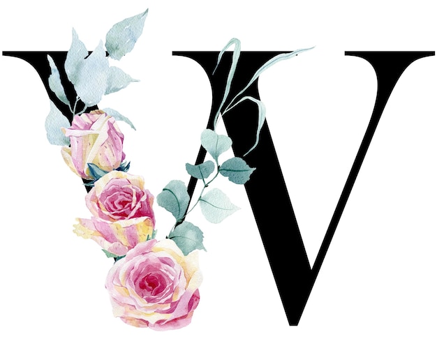 Letra floral W com rosas em aquarela