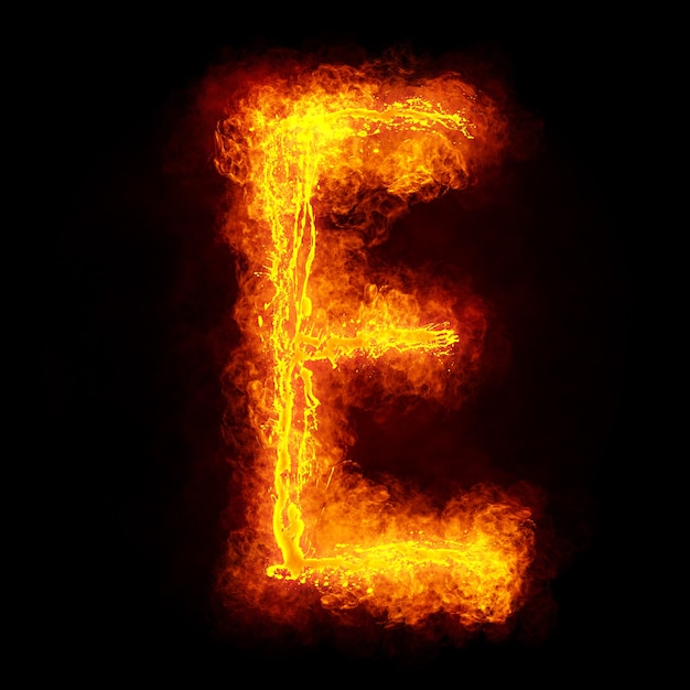 Letra de fuego E. Fiery Font. Símbolo de fuente flamy brillante.