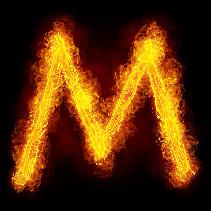Foto letra de fuego m. fiery font. símbolo de fuente flamy brillante.