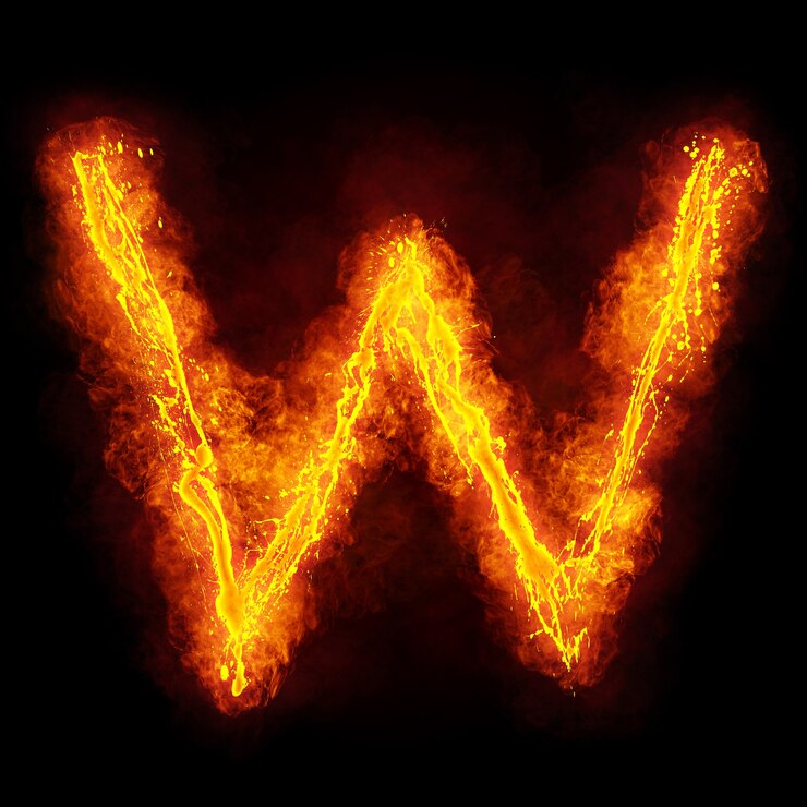 Foto letra de fuego w. fiery font. símbolo de fuente flamy brillante.
