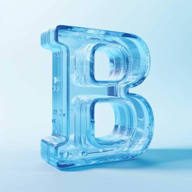 Letra de fuente de hielo transparente B sobre fondo azul renderizado 3d