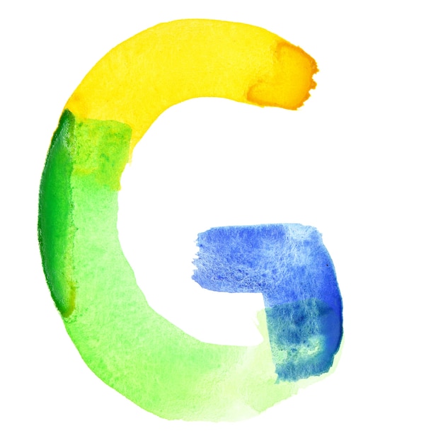 Letra G - Alfabeto de acuarela viva. Los colores se asemejan a la bandera de Brasil