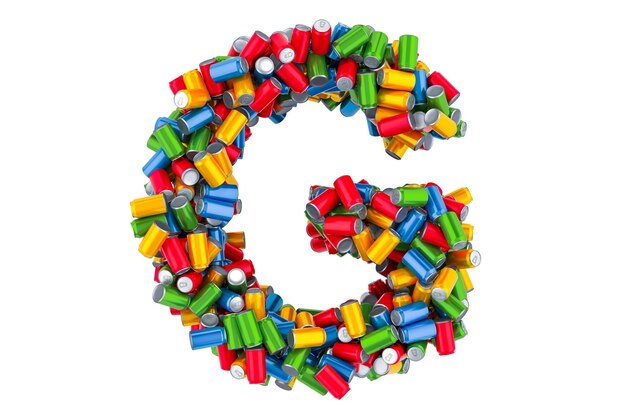 Letra G de latas de bebida metálicas de colores 3D rendering