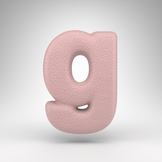 Letra G minúscula sobre fondo blanco. Fuente renderizada 3D de cuero rosa con textura de piel.