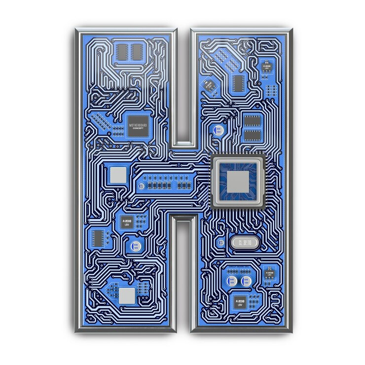 Foto letra h alfabeto em estilo de placa de circuito letra hitech digital isolada em branco