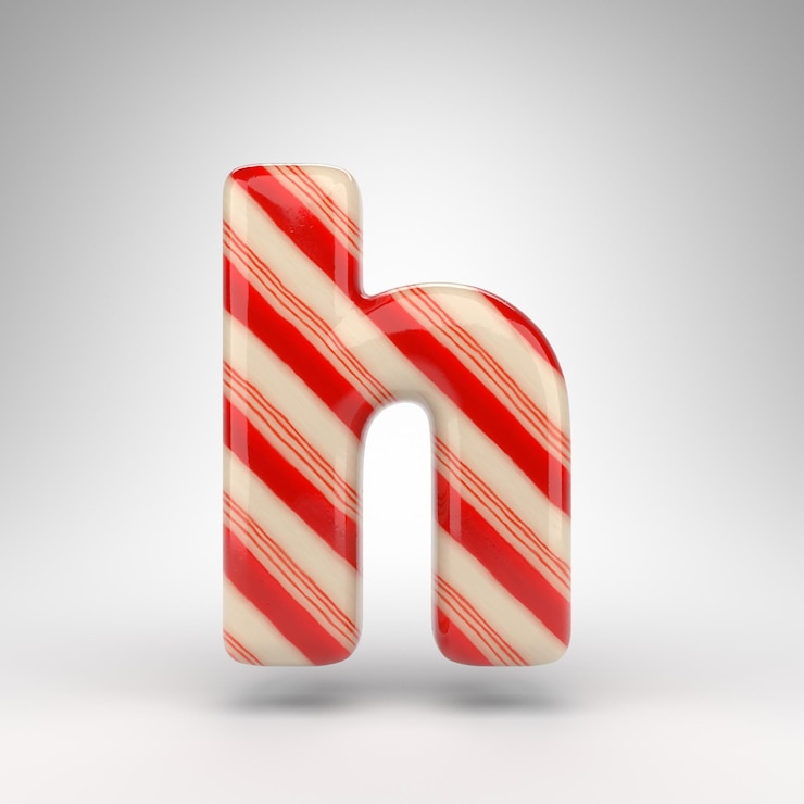 Foto letra h minúscula sobre fondo blanco. candy cane 3d prestados fuente con líneas rojas y blancas.