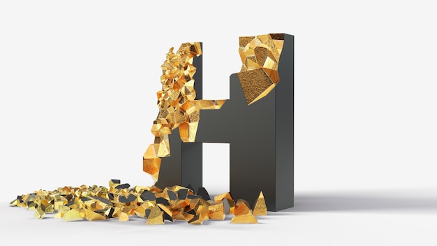La letra H negra dañada revela oro en el interior. Ilustración 3D, adecuada para temas de mecanografía, letras y alfabeto.