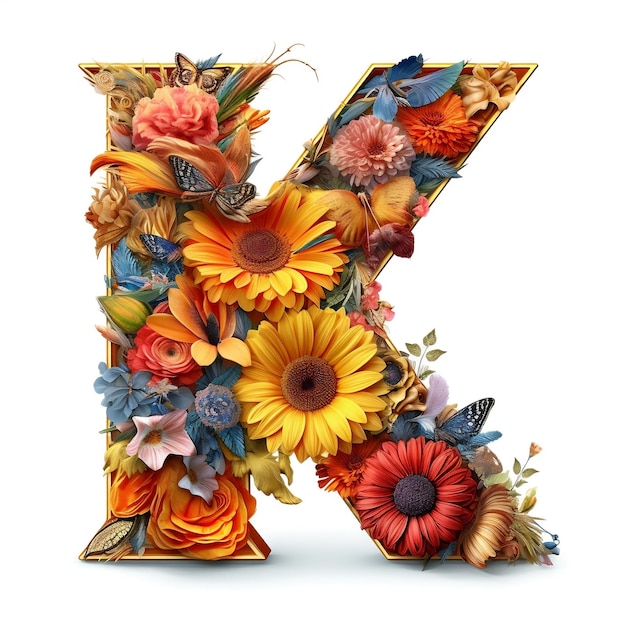 Letra de ilustración colorida floral y girasol K AI generativo