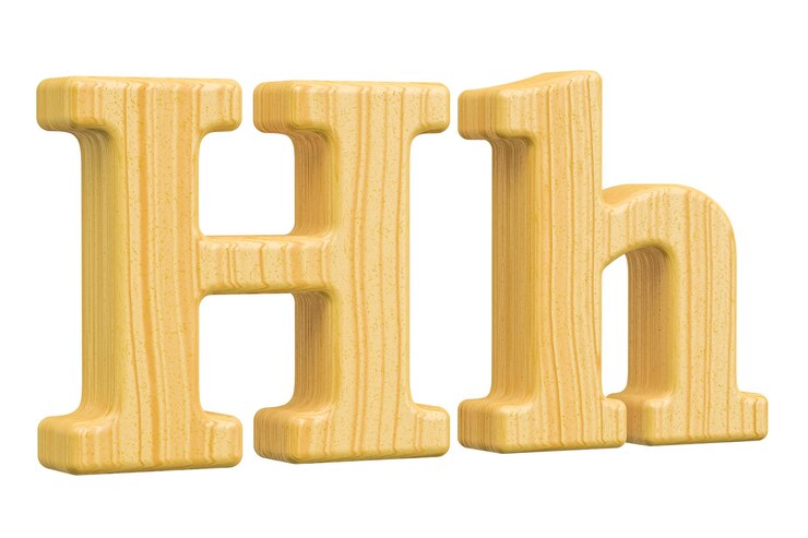 Foto letra inglesa de madera h con serifas en representación 3d