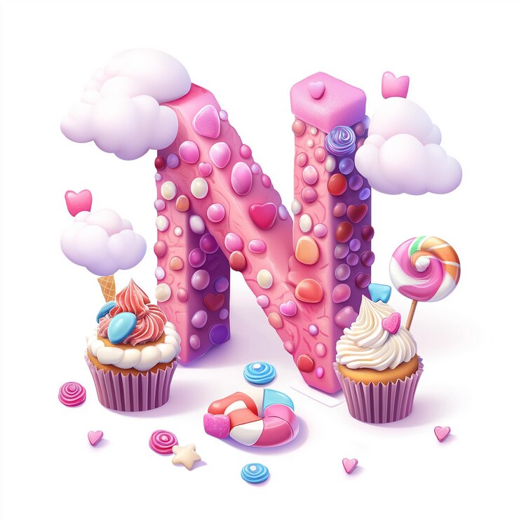 Foto la letra isométrica n compuesta de deliciosos postres pasteles helados conos de helado y piruletas