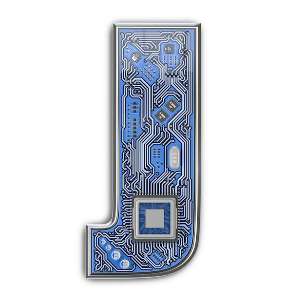 Letra J Alfabeto en estilo de placa de circuito Letra digital de alta tecnología aislada en blanco