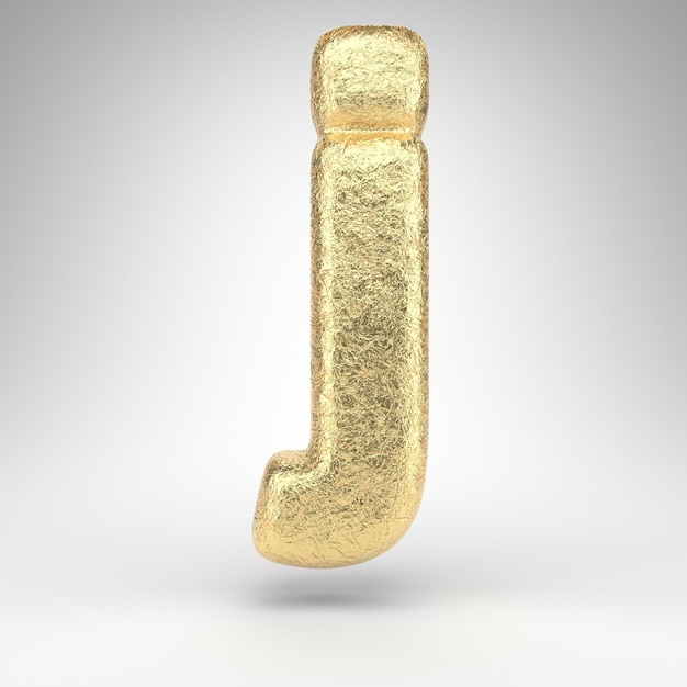 Letra J minúscula em fundo branco. Folha de ouro vincada fonte renderizada 3D com textura de metal brilhante.