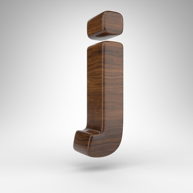 Letra J minúscula sobre fondo blanco. Fuente renderizada 3D de roble oscuro con textura de madera marrón.