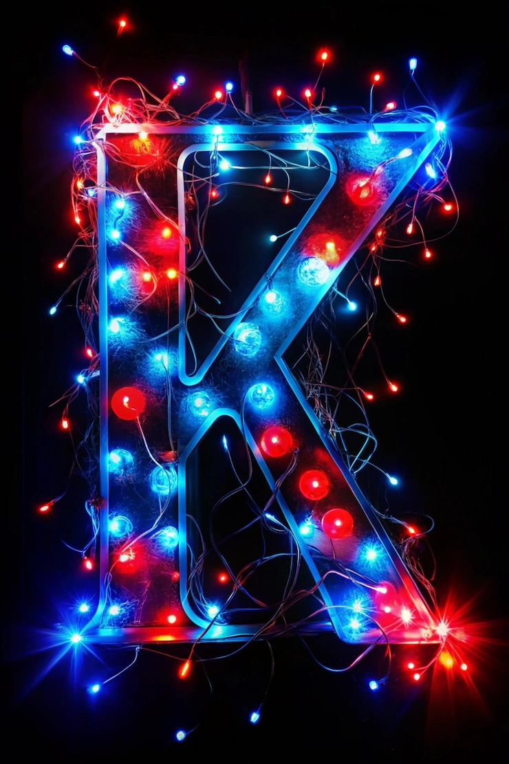 Foto la letra k del alfabeto hecha de un letrero de neón la imagen de luz azul-roja de larga exposición con luces de hadas de colores contra un fondo negro concepto de diseño