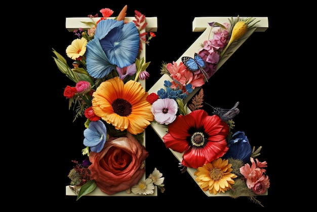 letra K decorada con flores y mariposas sobre fondo negro AI generativa