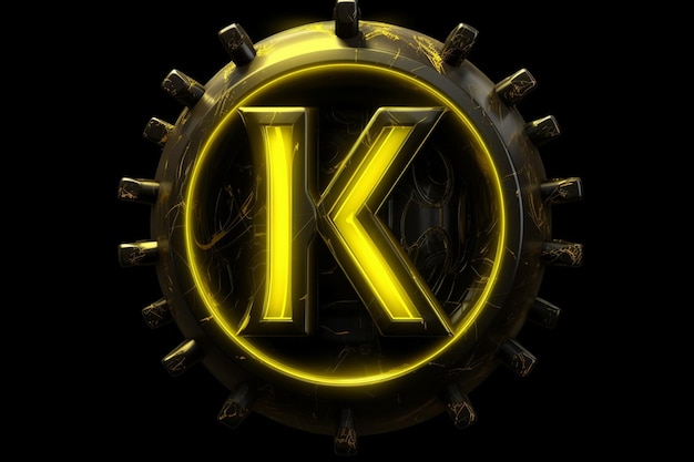 Foto letra k do logotipo amarelo de risco biológico futurista em um fundo preto, o logotipo está no estilo rápido