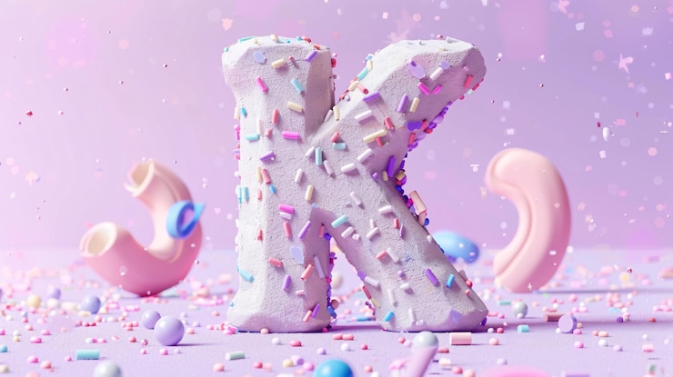Foto una letra k está sentada frente a un fondo rosa con confeti y salpicaduras