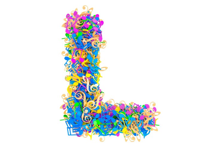 Foto letra l da renderização 3d de notas musicais coloridas