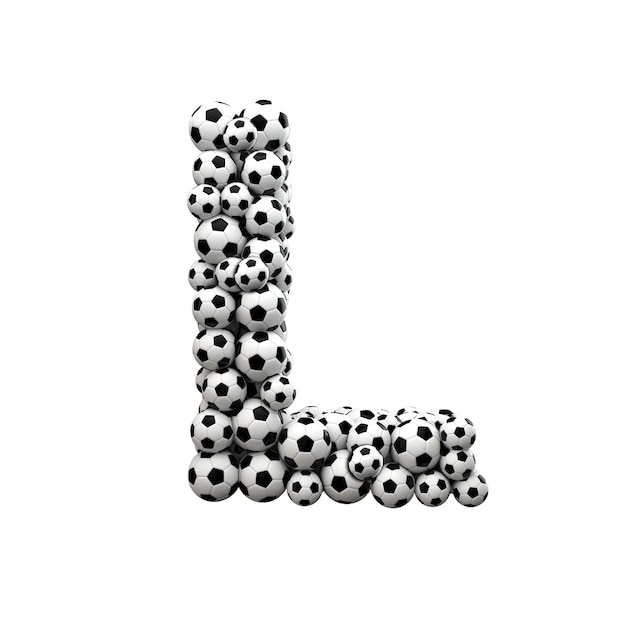 Letra L mayúscula hecha de una colección de balones de fútbol 3D Rendering