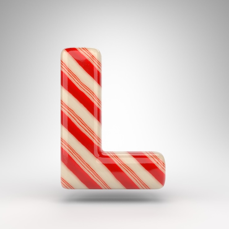 Foto letra l mayúscula sobre fondo blanco. candy cane 3d prestados fuente con líneas rojas y blancas.