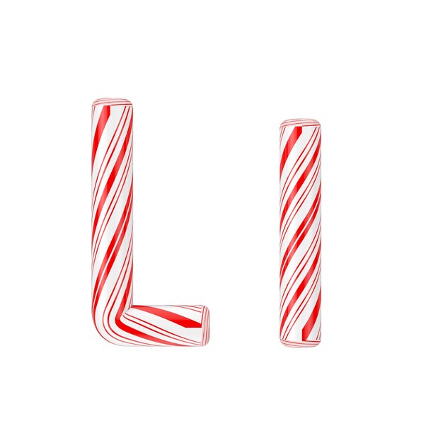 Letra L Mint Candy Cane Alphabet Collection Rayas en color rojo navideño sobre un fondo blanco. Representación 3D