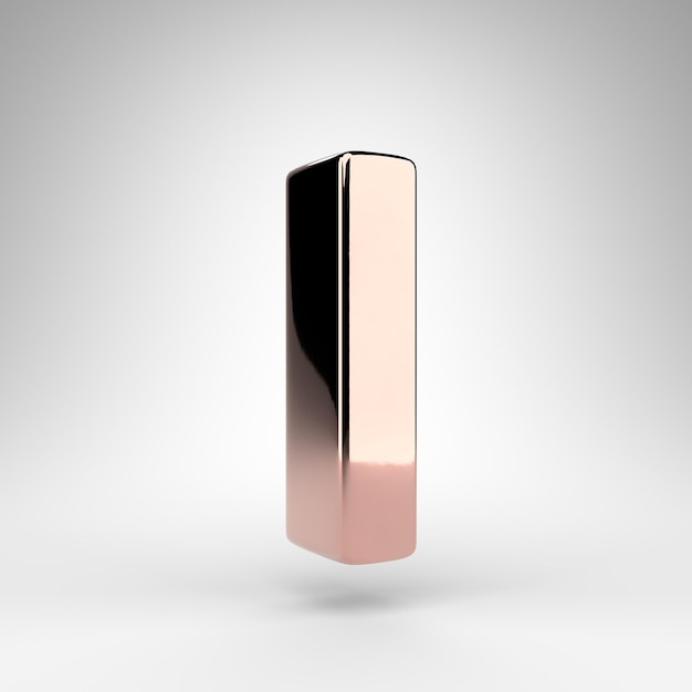 Letra L minúscula sobre fondo blanco. Fuente renderizada 3D de oro rosa con superficie de cromo brillante.