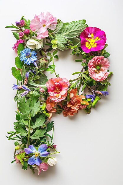Letra de letra floral P hecha de letras florales coloridas sobre un fondo blanco