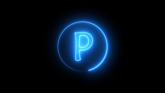 Letra de letrero de neón del alfabeto que brilla con luz azul Línea de neón brillante en un camino circular alrededor del alfabeto