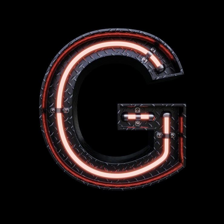 Foto letra de luz de neón g con luces de neón rojas.