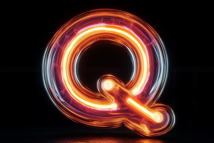 Foto letra de luz de neón q sobre fondo negro