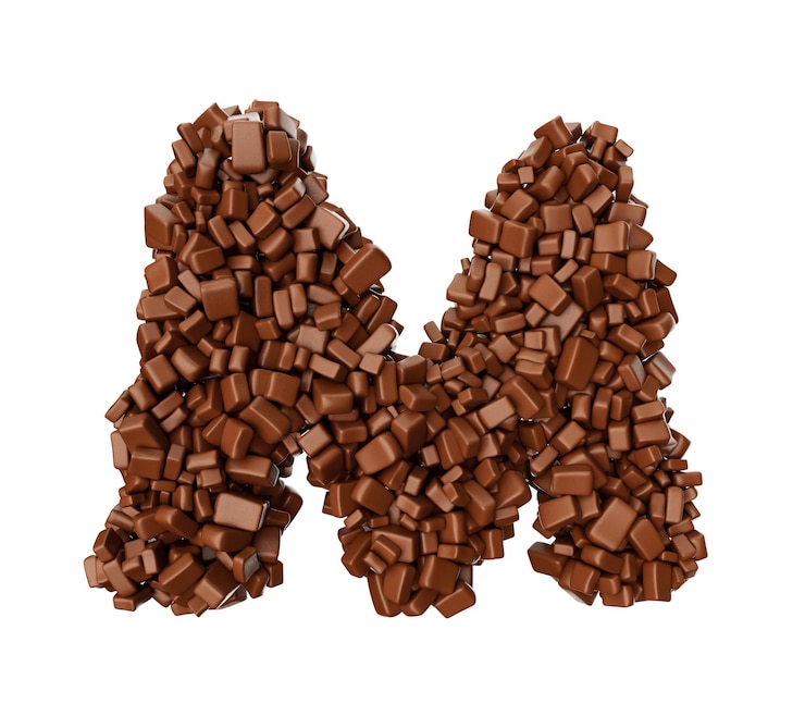 Foto letra m hecha de trozos de chocolate trozos de chocolate alfabeto letra m ilustración 3d