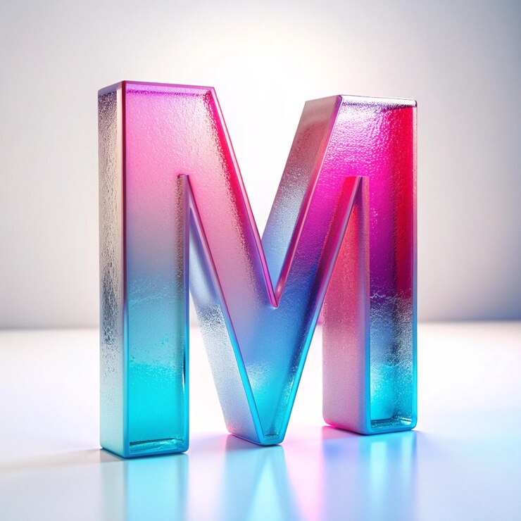 Foto letra m hecha de vidrio transparente multicolor 3d de estilo neón hecha de cristal letra m