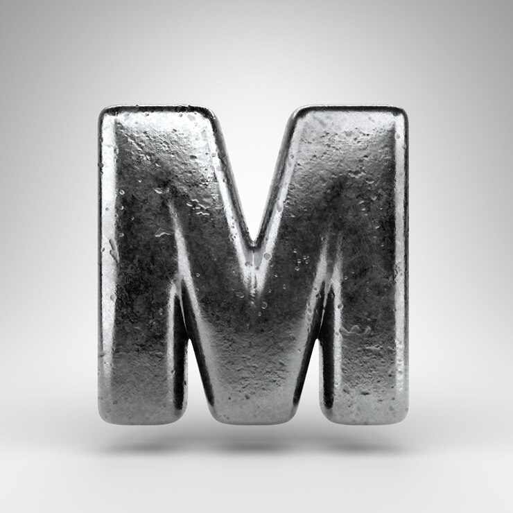 Foto letra m mayúscula sobre fondo blanco. hierro 3d prestados fuente con textura de metal brillante.