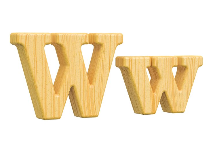 Foto letra de madera inglesa w con representación 3d de serifas