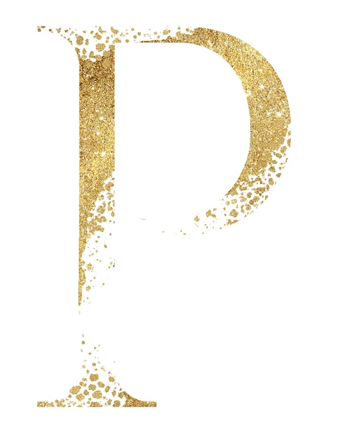 Foto letra maiúscula p de brilho dourado com ilustração isolada de efeito de dispersão elemento de alfabeto cintilante para cartões de casamento artesanato de papelaria de férias