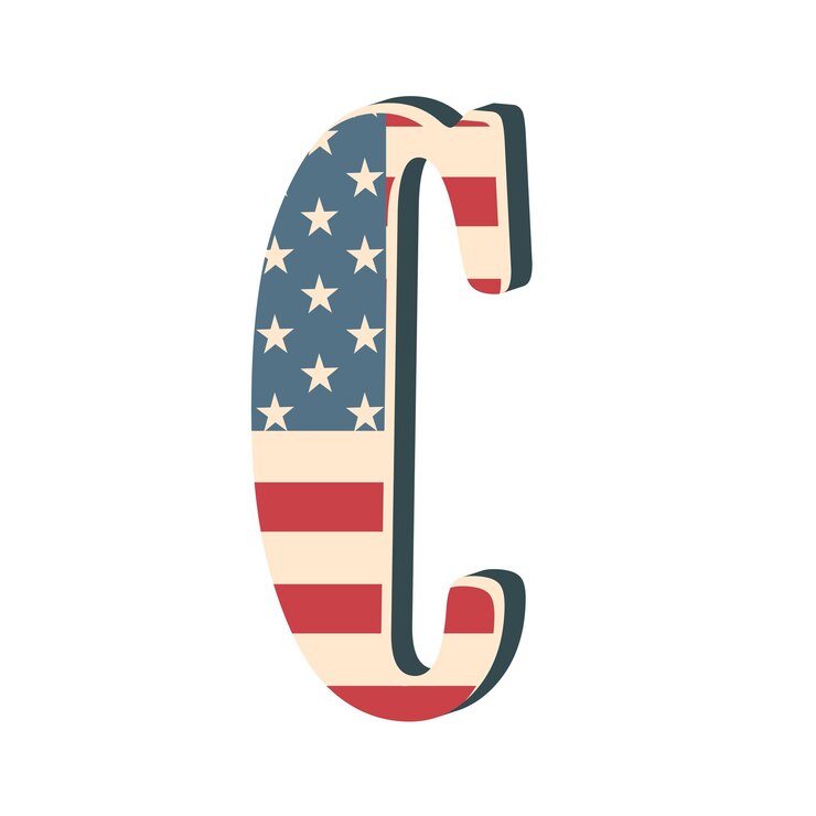 Foto letra mayúscula 3d c con textura de bandera americana aislada sobre fondo blanco ilustración vectorial elemento de diseño fuente patriótica de la bandera de ee. uu. alfabeto para niños