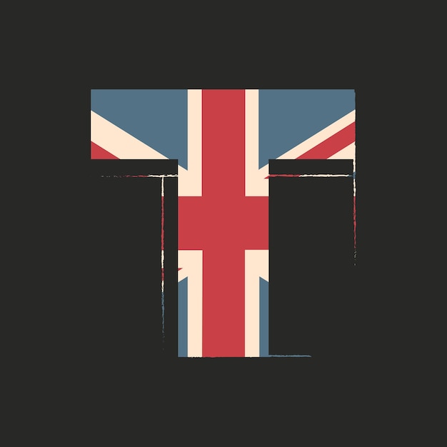 Letra mayúscula 3d T con textura de bandera del Reino Unido aislada sobre fondo negro Ilustración vectorial Elemento de diseño Alfabeto para niños Fuente patriótica de Gran Bretaña