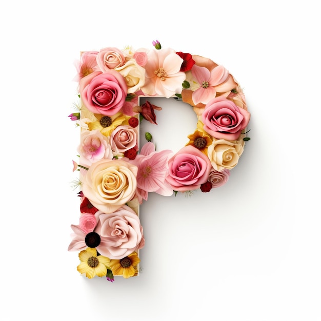 Letra mayúscula del alfabeto colorido p hecha con flores fuente de flores de primavera verano