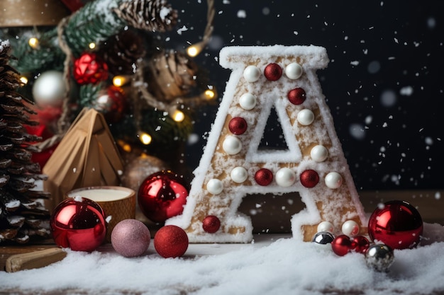 Letra mayúscula volumétrica a decorada en un árbol de Navidad de estilo navideño y de año nuevo