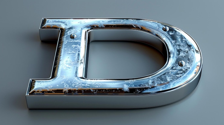 Foto letra metálica d renderizada en 3d con superficie reflejante y resistente a la intemperie