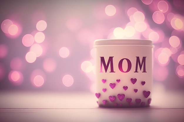 La letra MOM en una taza sobre una mesa con corazones morados y bokeh como tarjeta del día de la madre