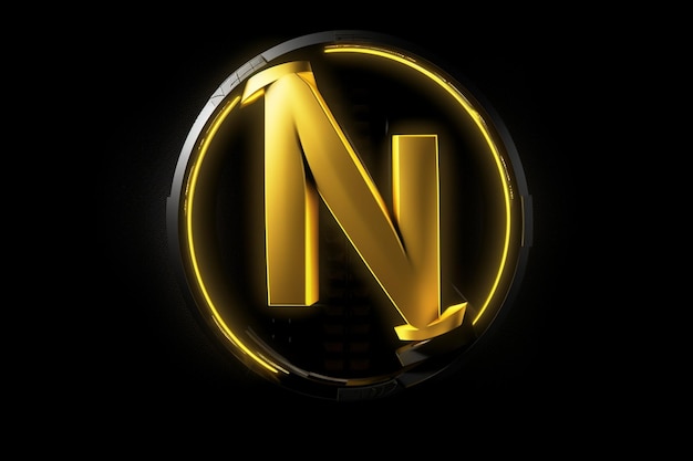 Letra N do logotipo amarelo de risco biológico futurista em um fundo preto, o logotipo está no estilo rápido