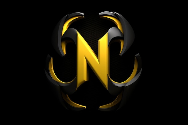 Letra N do logotipo amarelo de risco biológico futurista em um fundo preto, o logotipo está no estilo rápido