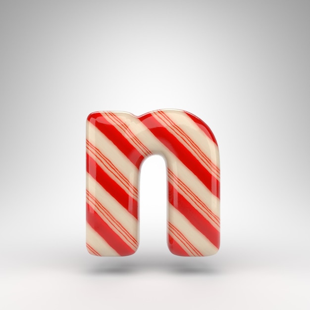 Letra N em minúsculas em fundo branco. Fonte renderizada 3D do bastão de doces com linhas vermelhas e brancas.