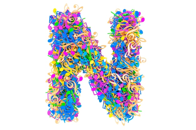 Letra N de la representación 3D de notas musicales de colores