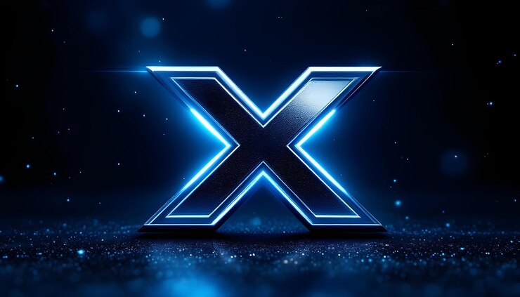 Foto letra de neón brillante x renderización 3d futurista de una letra iluminada azul x en fondo oscuro