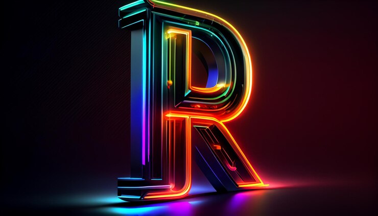 Foto una letra de neón r está iluminada con colores de neón