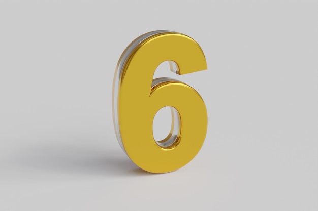 Letra número Seis 3D render fuente de oro con contorno plateado fondo blanco aislado Trazado de recorte